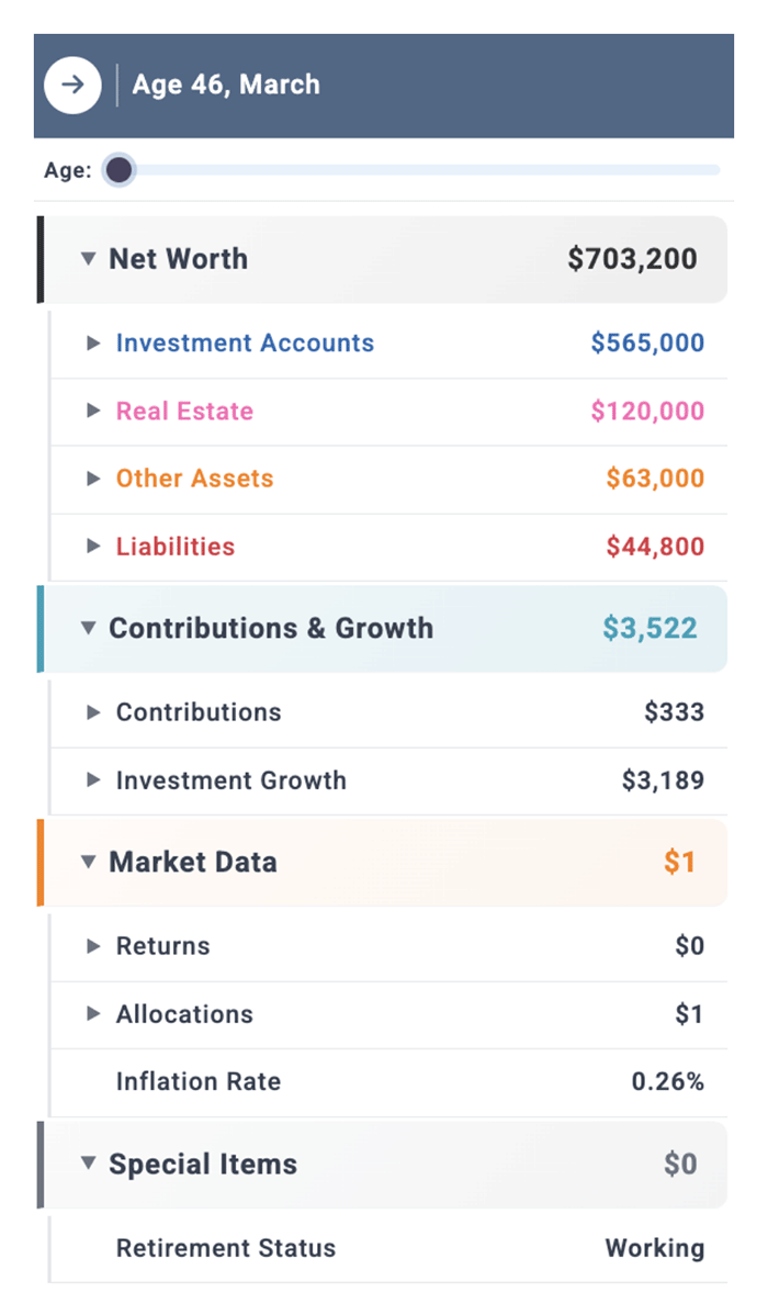 Data summary panel showing net worth breakdown, contributions, market data, and special items