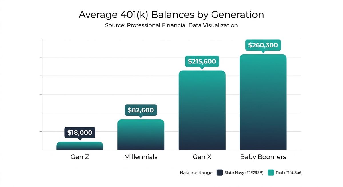 Bar chart showing average 401(k) balances by generation: Gen Z, Millennials, Gen X, and Baby Boomers