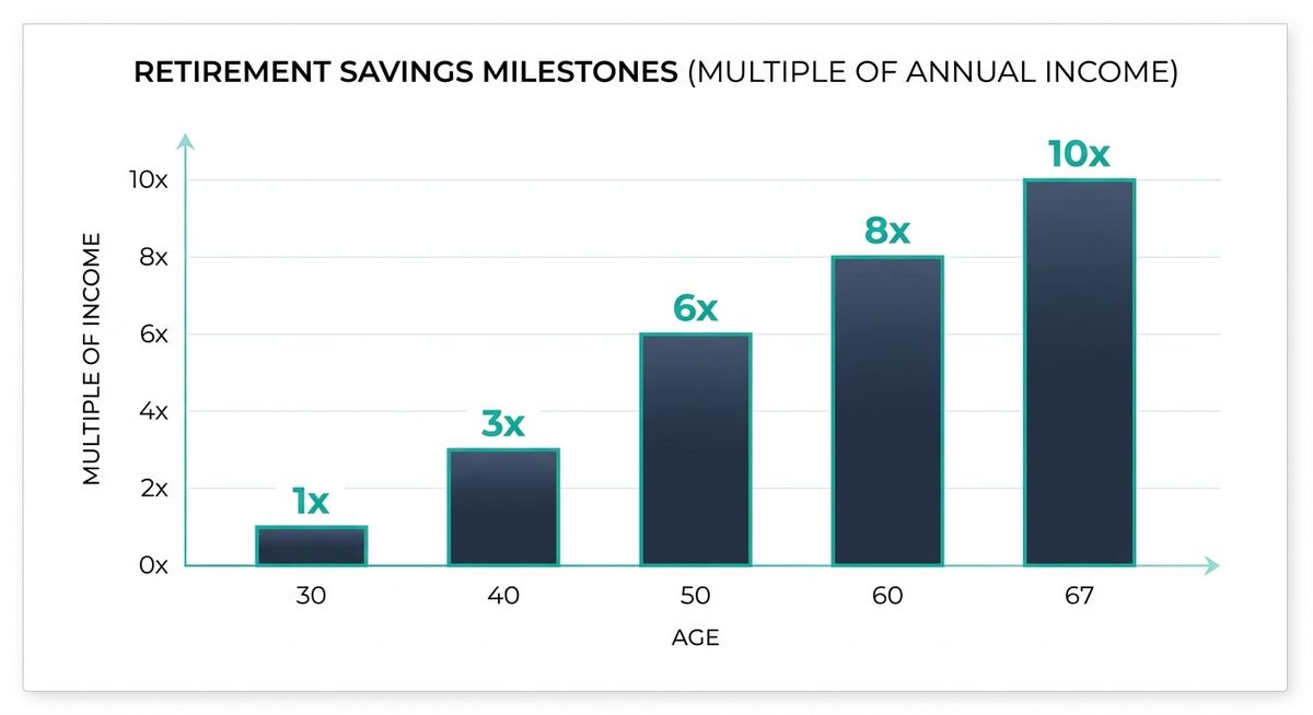 Bar chart showing retirement savings milestones as a multiple of income at ages 30, 40, 50, 60, and 67