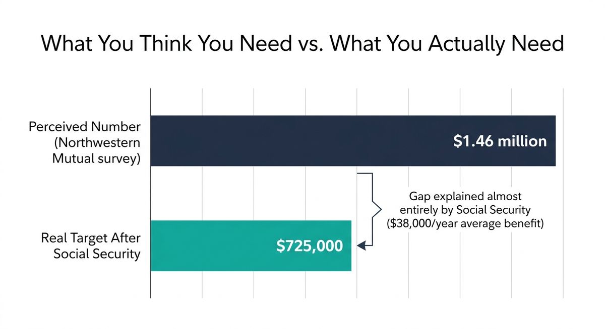 Bar chart comparing the $1.46 million Americans believe they need to retire against the $725,000 actual target after accounting for Social Security