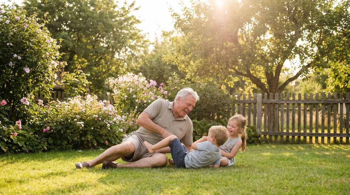 Grandfather playing with grandchildren in sunlit backyard garden