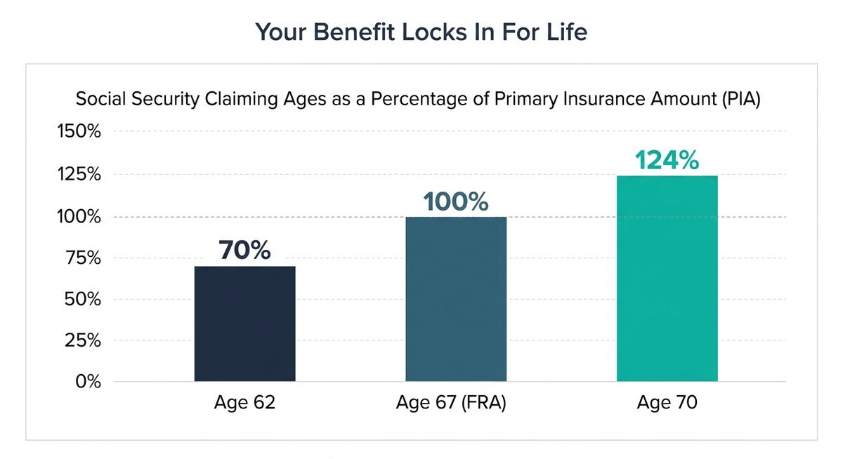 Bar chart showing Social Security benefit as a percentage of Primary Insurance Amount: 70% at age 62, 100% at age 67, and 124% at age 70