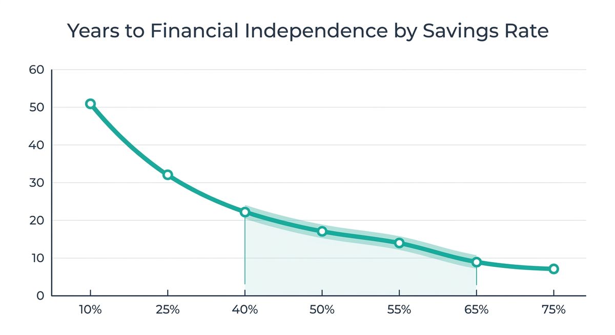Line chart showing years to financial independence dropping steeply as savings rate rises from 10 percent to 75 percent