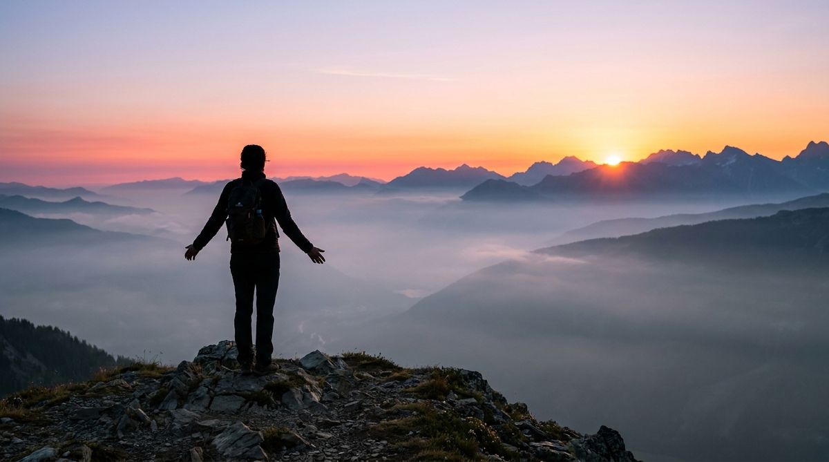 Silhouette of a hiker standing on a ridge at sunrise with arms open, looking out over a valley