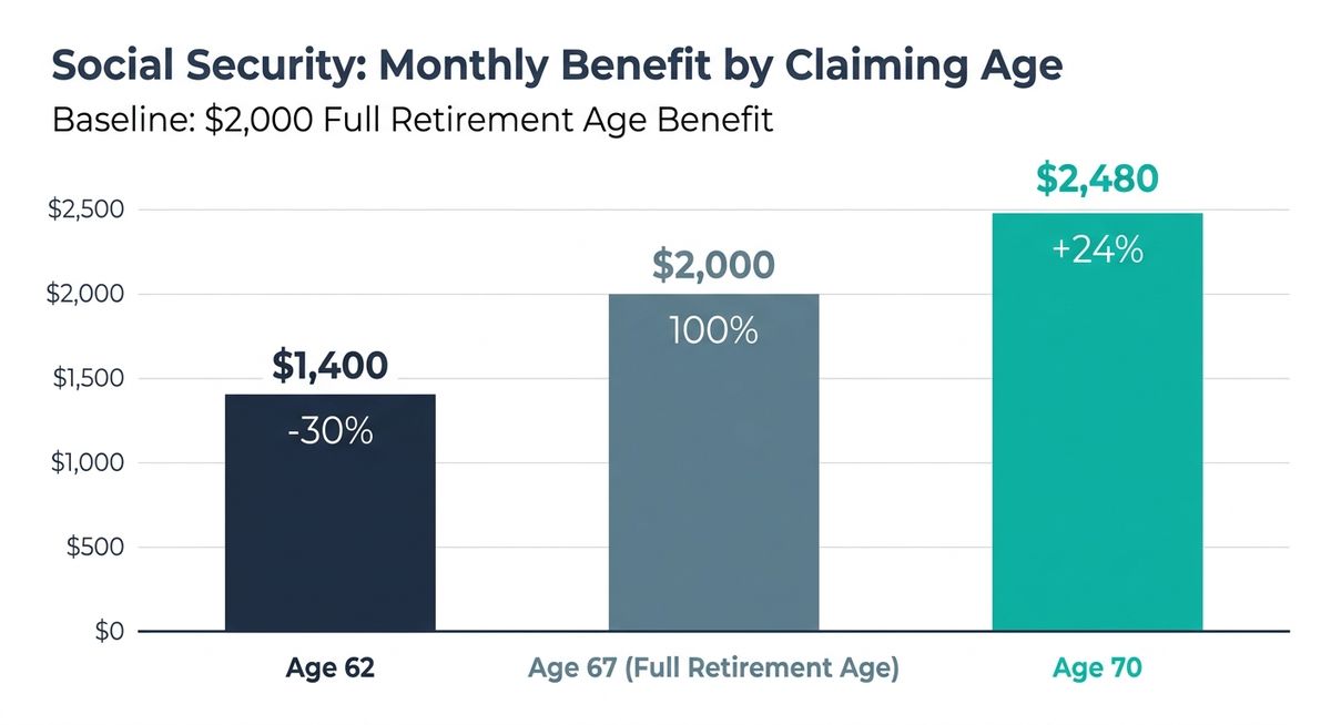 Bar chart comparing the monthly Social Security benefit at claiming ages 62, 67, and 70 on a $2,000 full-benefit baseline