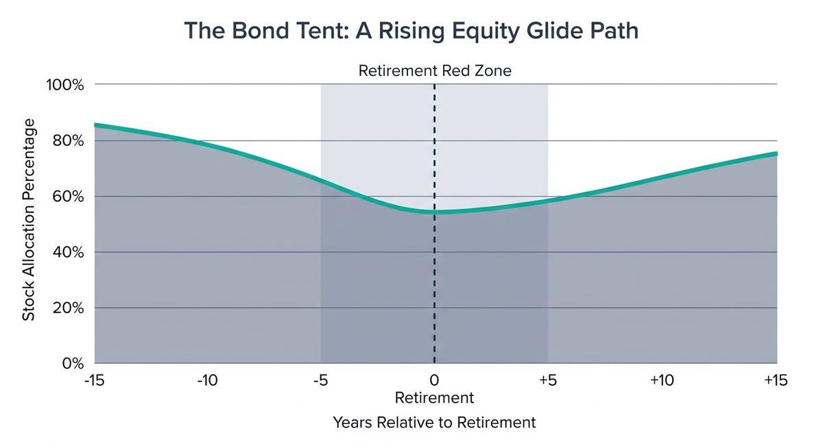 Line chart showing stock allocation dipping to its lowest point at retirement and gradually rising again over the following fifteen years, forming a bond tent shape