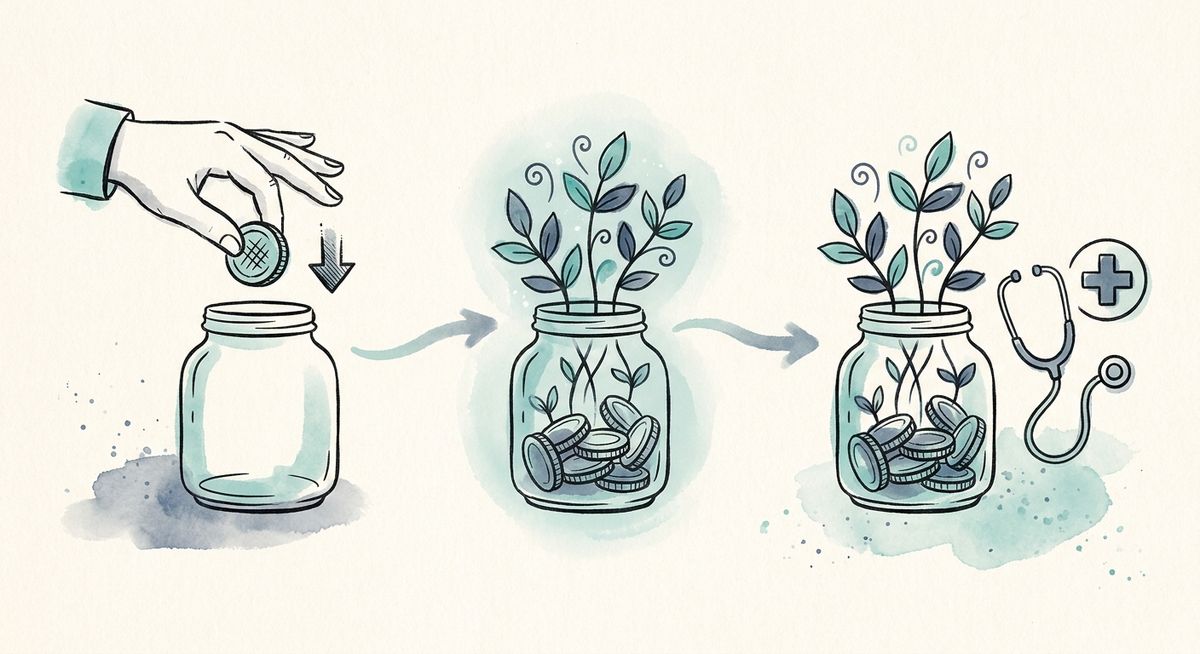 Illustrated infographic showing the three-step HSA tax advantage: tax-deductible contributions going in, tax-free growth, and tax-free withdrawals for medical costs