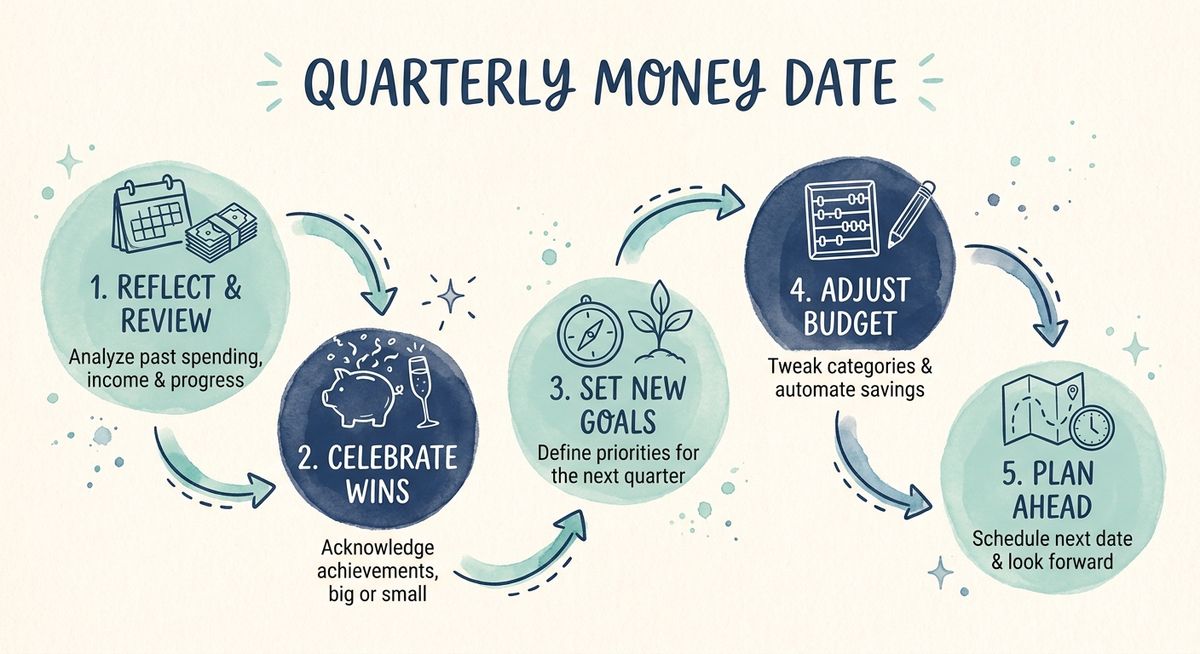 Hand-drawn flowchart showing the 5-step quarterly money date process with watercolor accents