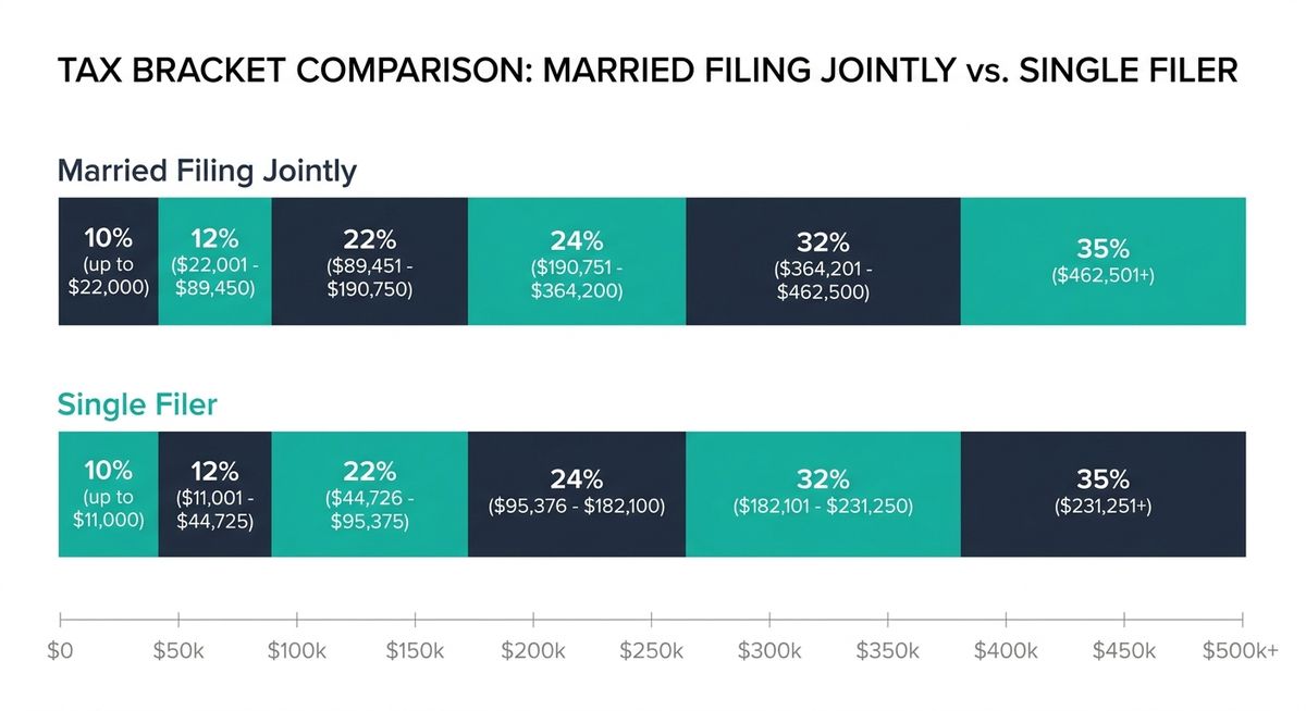 Tax bracket comparison chart showing married filing jointly vs single filer brackets