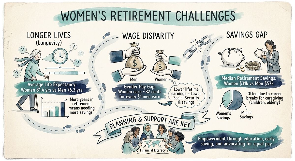 Infographic showing women's retirement challenges with statistics on longevity, savings gaps, and income disparities