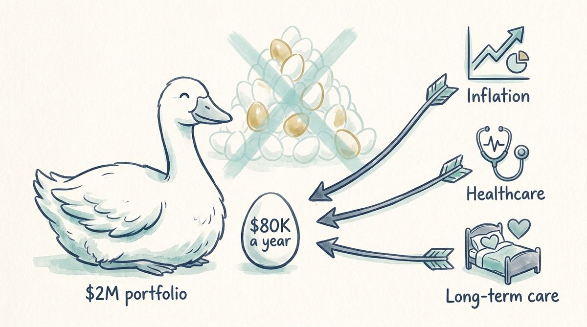 Hand-drawn illustration of a goose laying one modest egg labeled $80K a year, with three arrows showing inflation, healthcare and long-term care drawing from it
